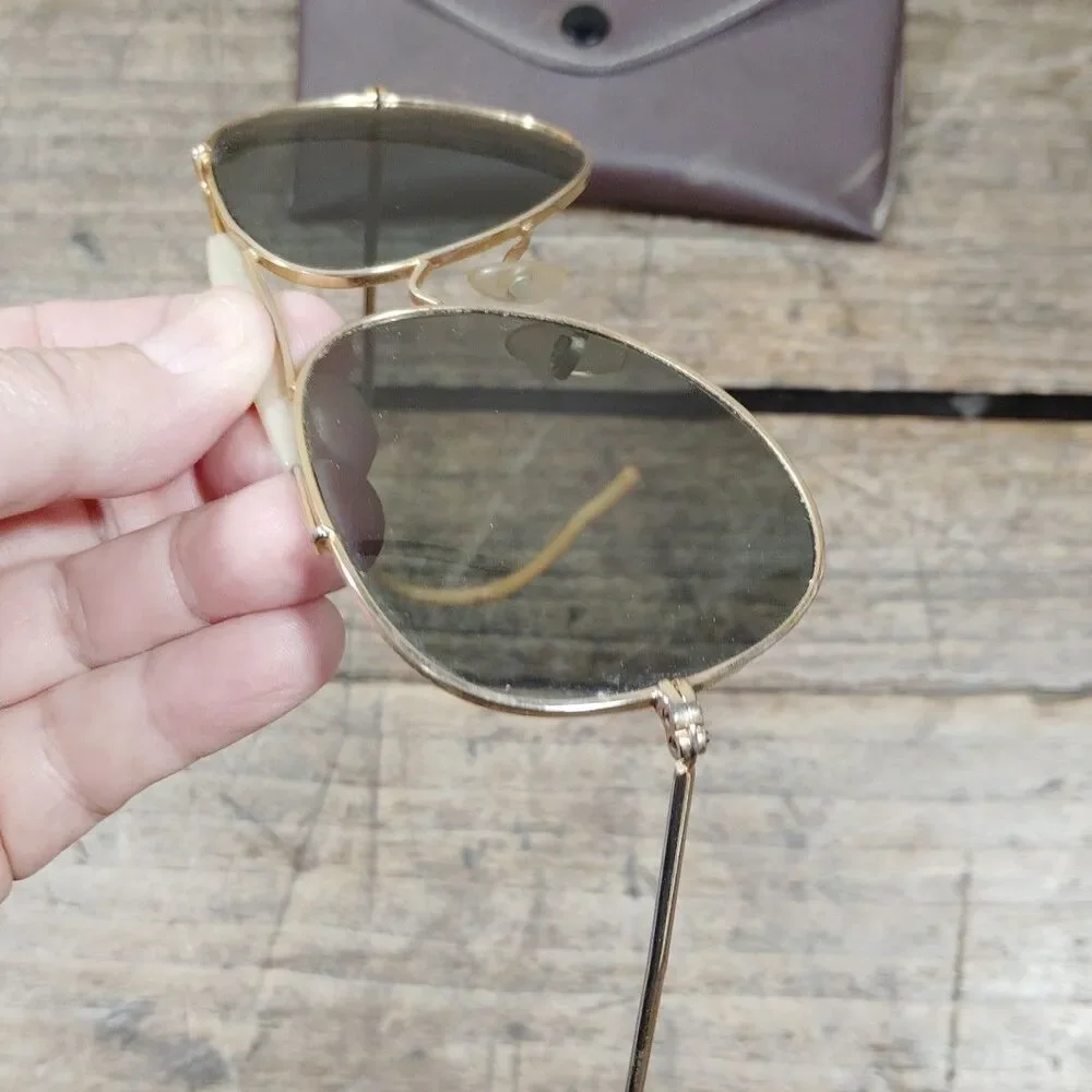Vintage Tasco Aviator Shades Sunglasses & Case Japan Gold Frame